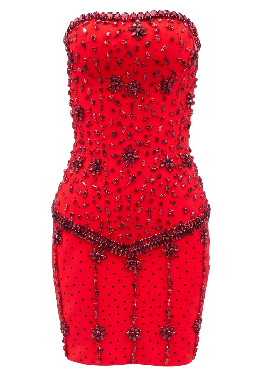 Strapless Crystal Embellished Dress Red