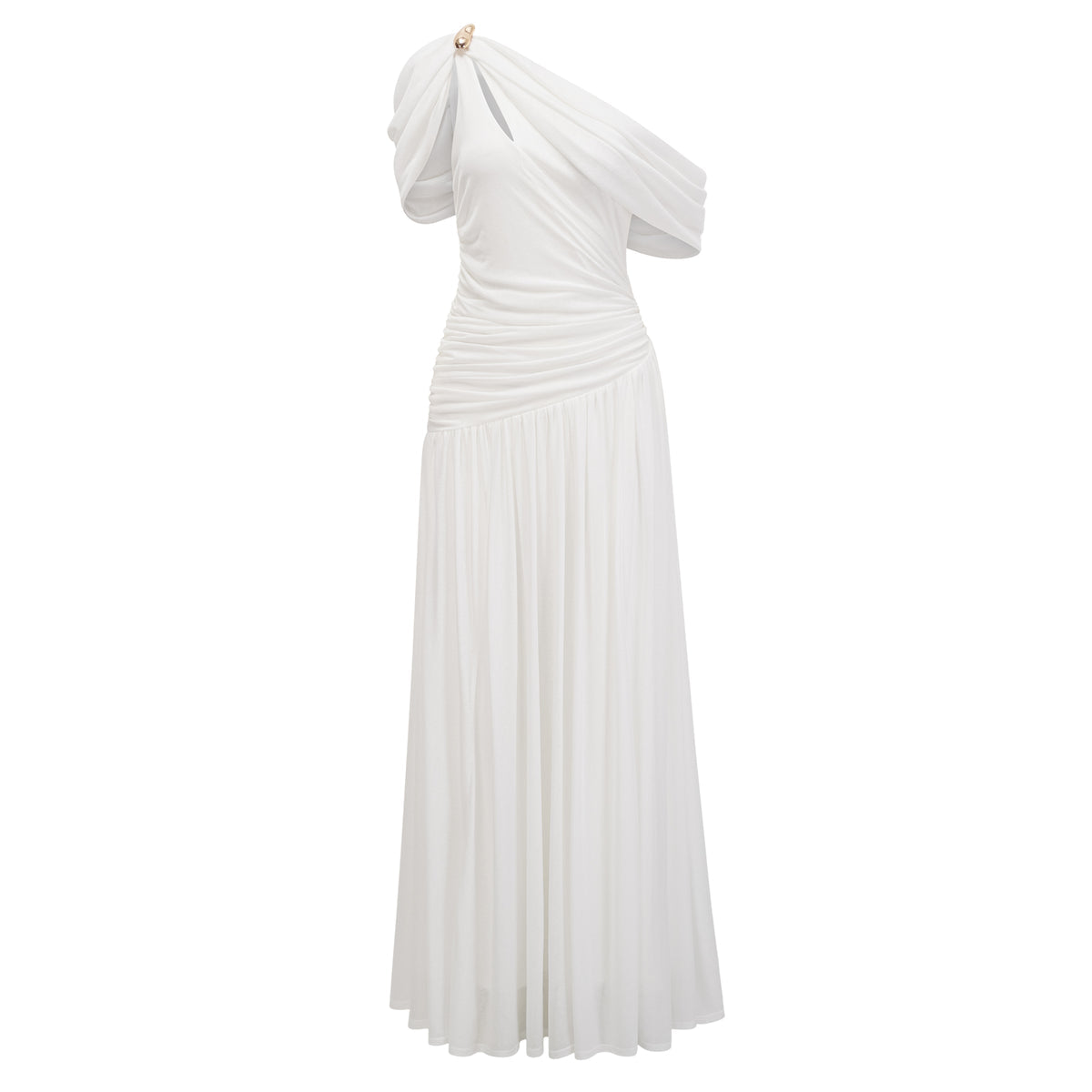 Sigrun White Asymmetrical Gathered Maxi Dress