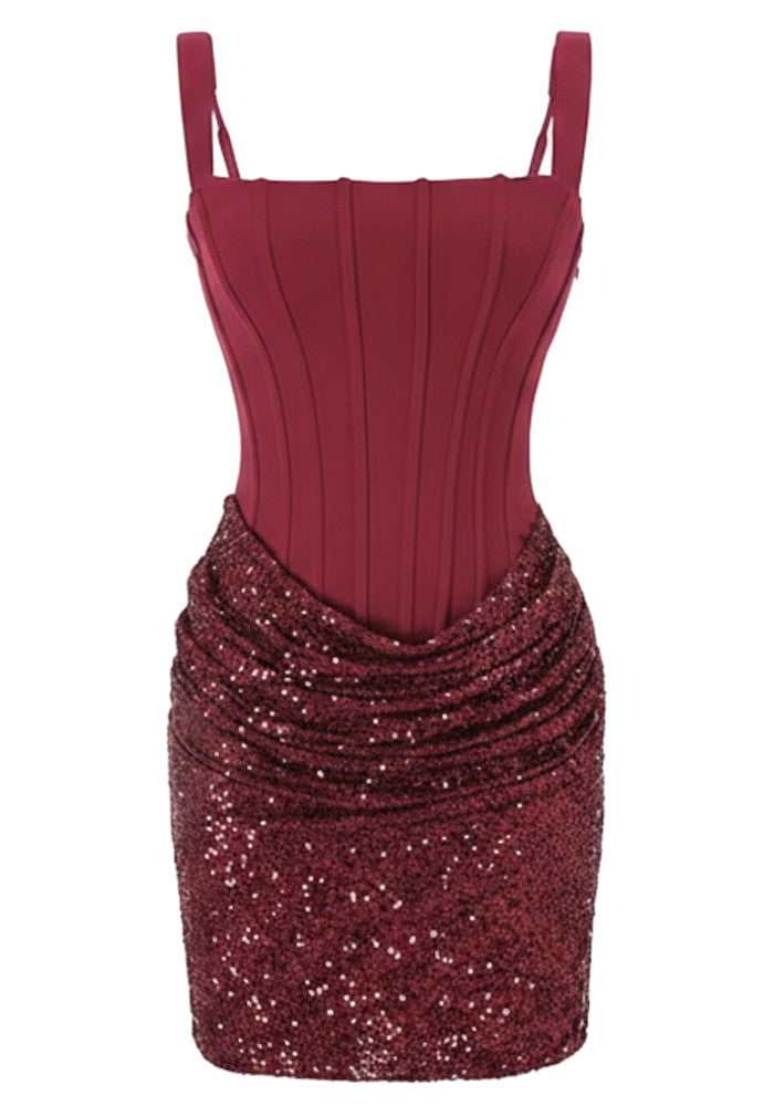 Draped Sequin Corset Dress Burgundy