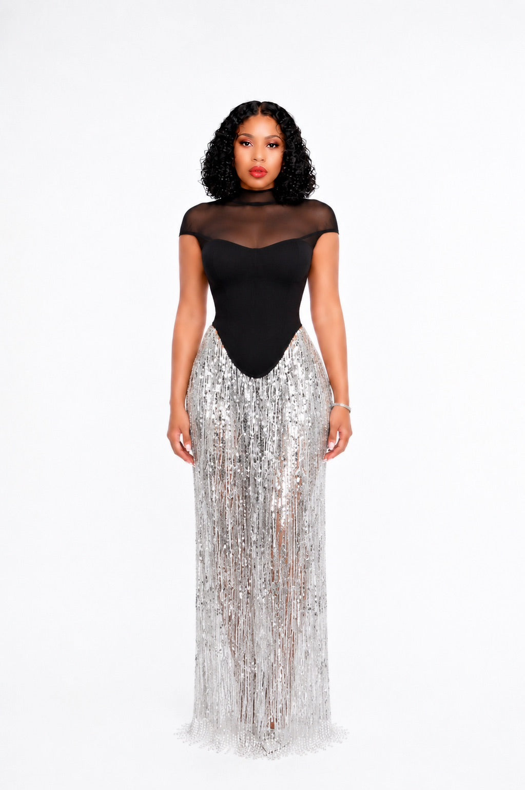 Cap Sleeve Corset Two Piece Maxi Dress Black Silver