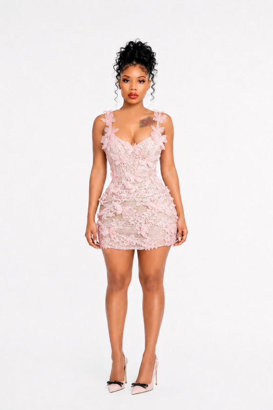 Floral Butterfly Lace A Line Dress Pink