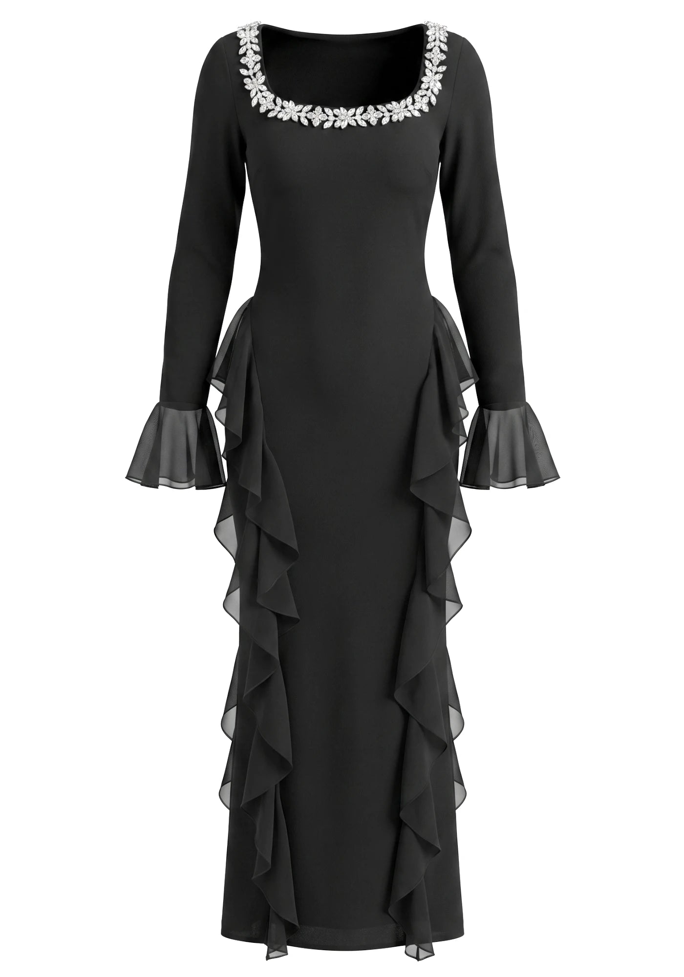 Long Sleeve Crystal Ruffle Detail Maxi Dress Black