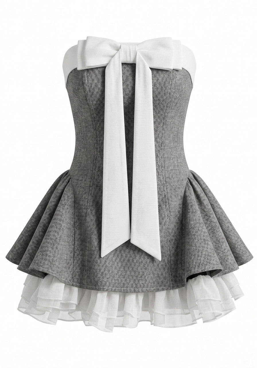Strapless Bow Detail A Line Dress Grey