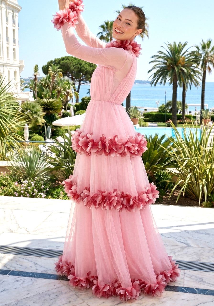 Long Sleeve Feather A Line Maxi Dress Pink