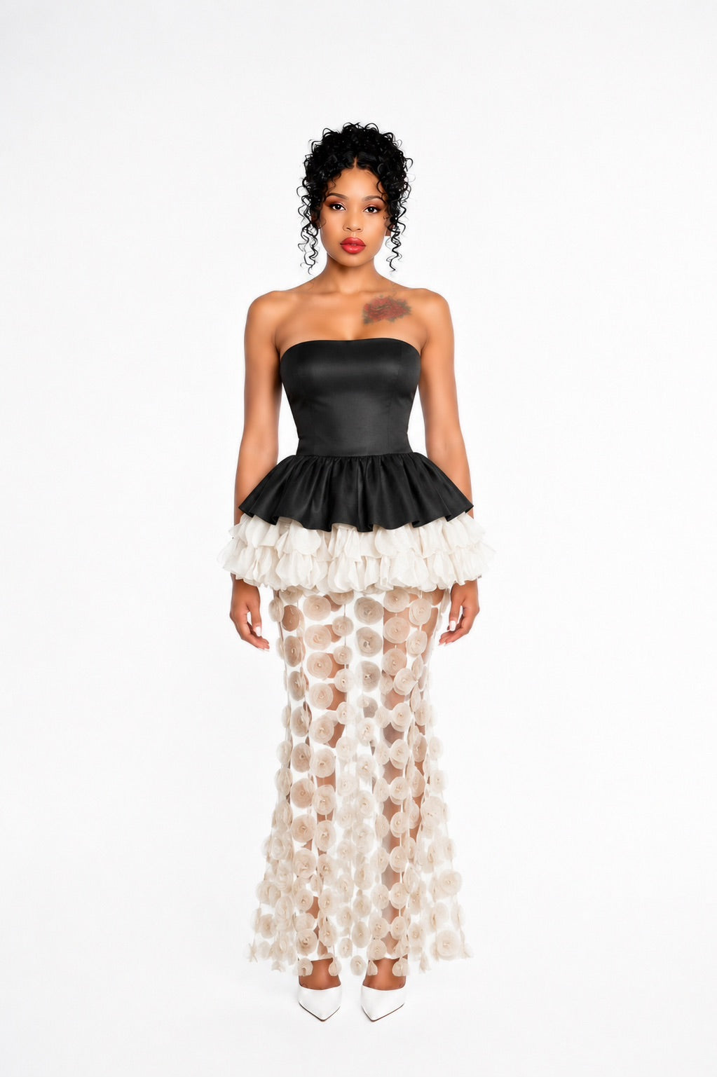 Strapless Floral Peplum Maxi Dress Black Ivory