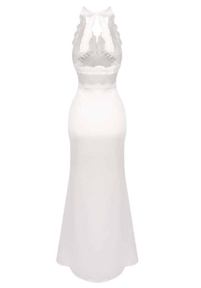 Halter Lace Silk Bustier Maxi Dress White