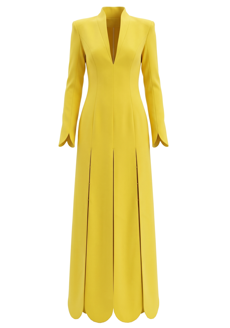Long Sleeve Scalloped Hem Maxi Dress Yellow