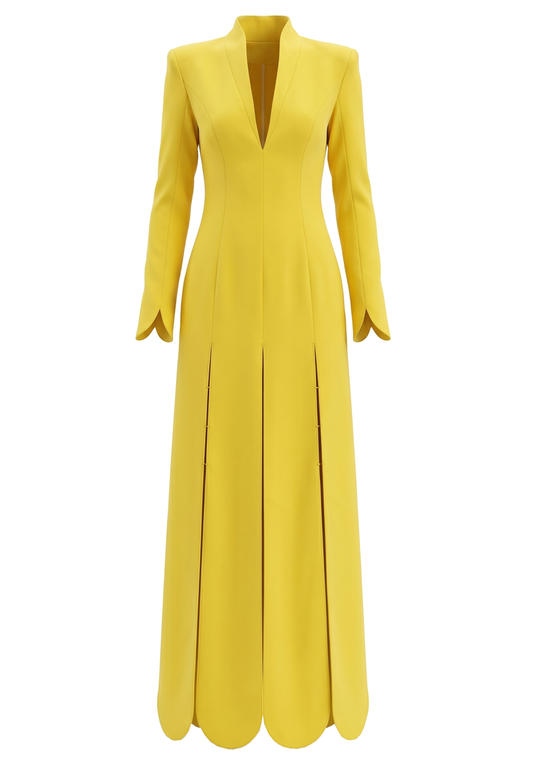 Long Sleeve Scalloped Hem Maxi Dress Yellow