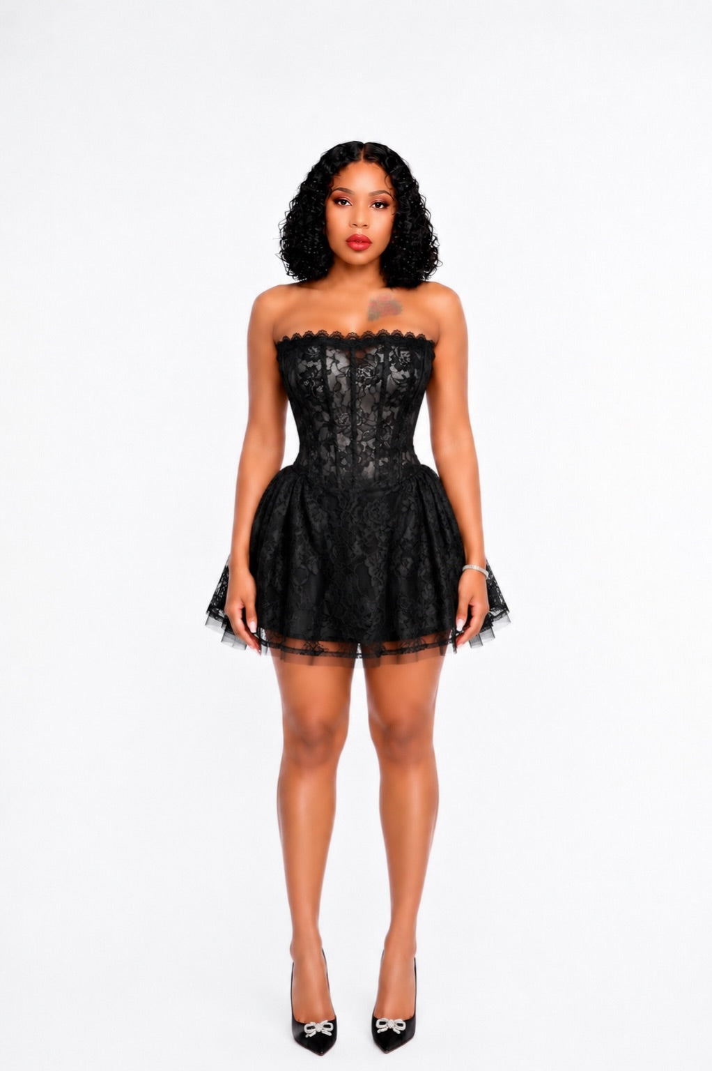 Strapless Scalloped Lace A Line Dress Black