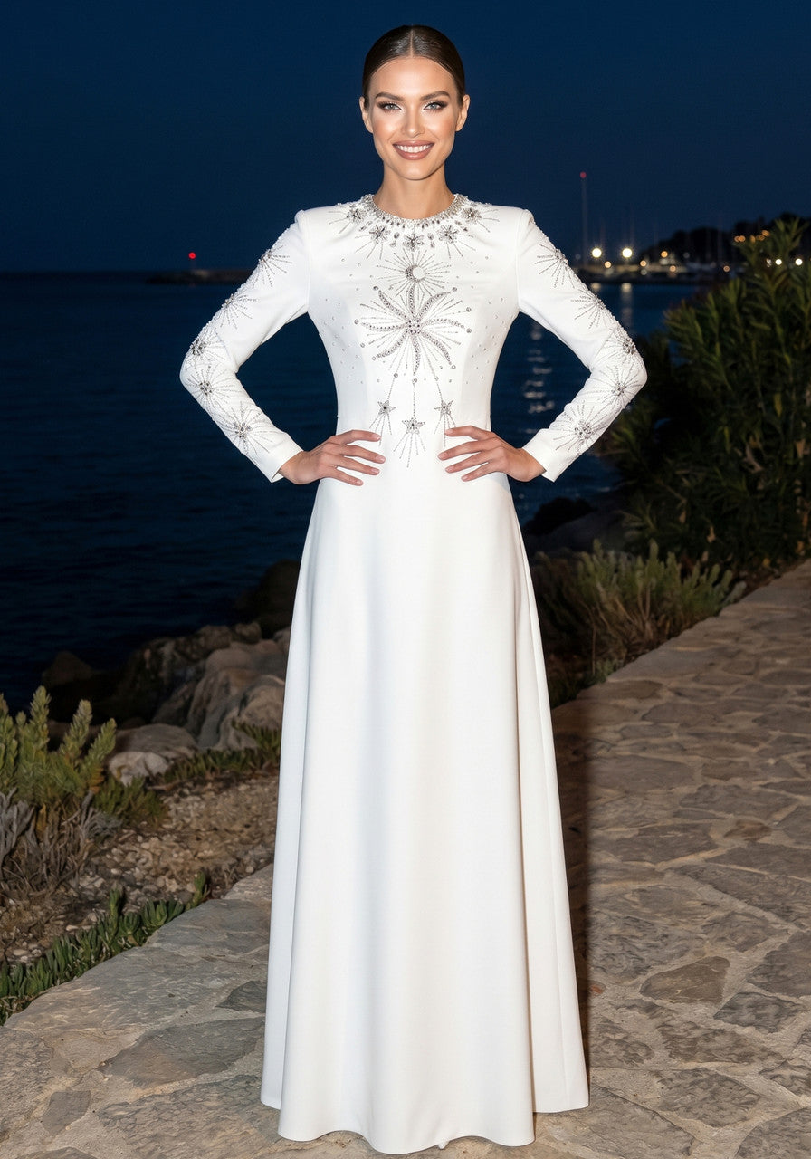 Long Sleeve Crystal Embellished A Line Maxi Dress White