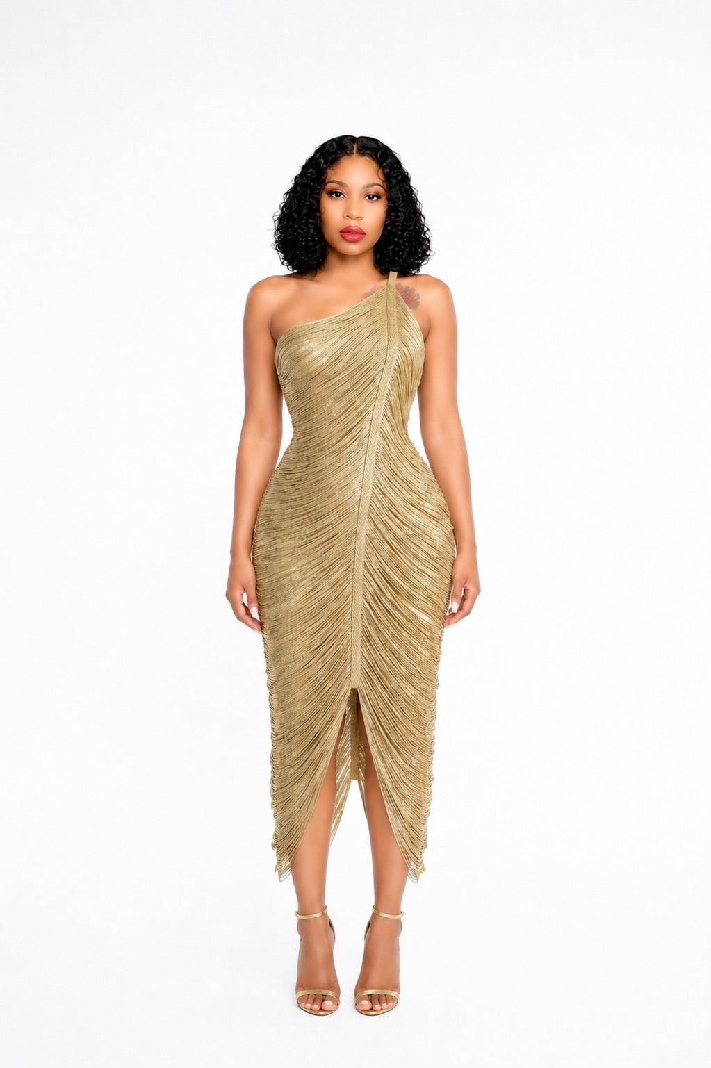 One Shoulder Tassel Detail Midi Dress Gold