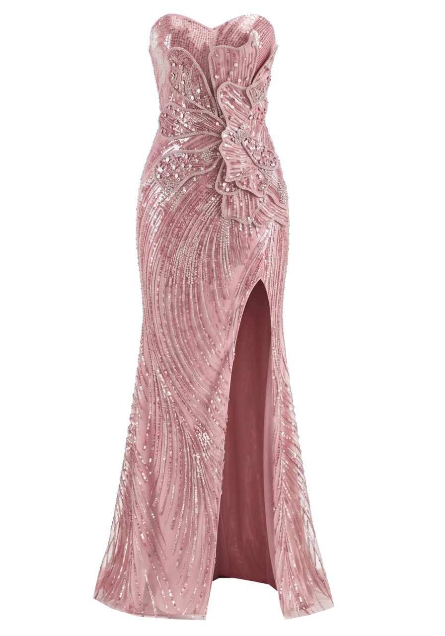 Strapless Crystal Sequin Flower Maxi Dress Pink