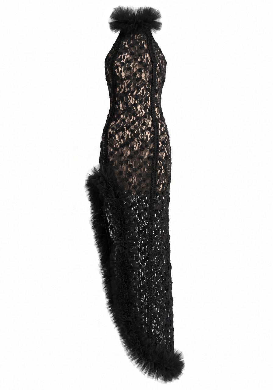 Halter Mesh Ruffle Lace Maxi Dress Black