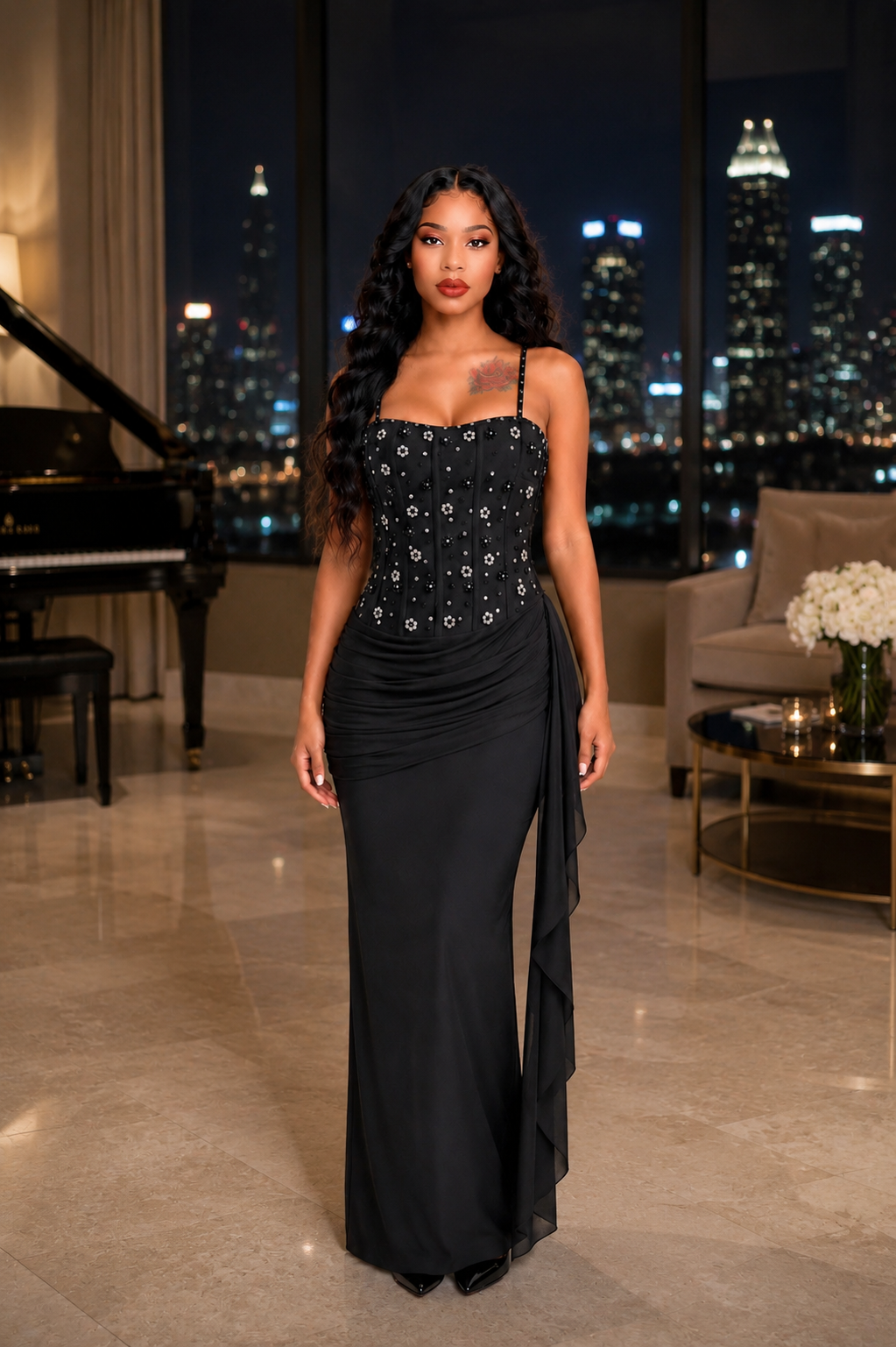 Embellished Structured Draped Maxi Dress Black