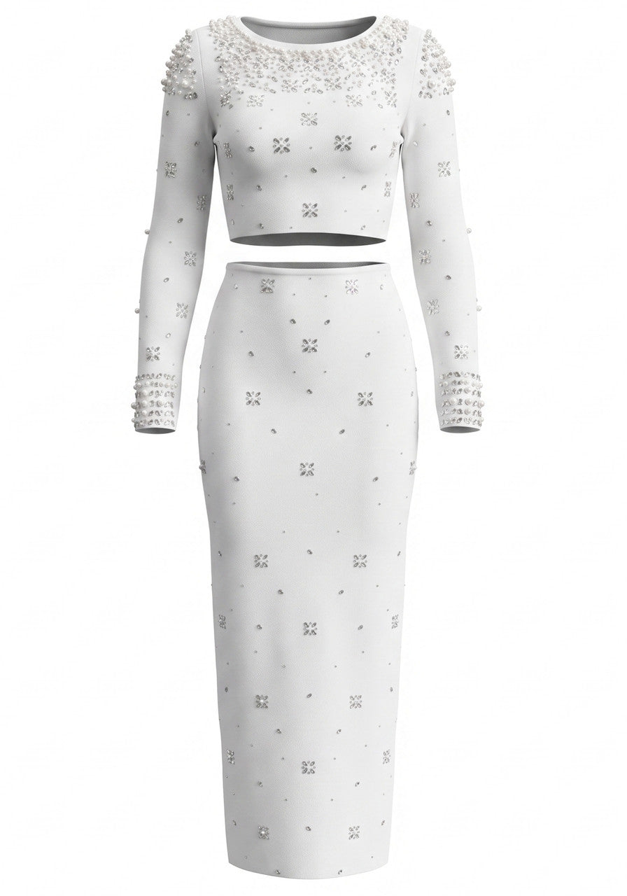 Long Sleeve Crystal Embellished Two Piece Maxi Dress White