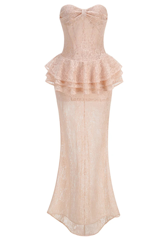 Strapless Nude Peplum Maxi Dress Nude Pink