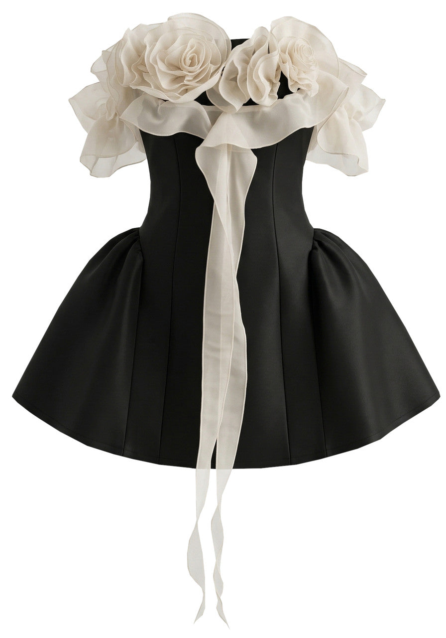 Floral Ruffle Bardot A Line Dress Black Ivory