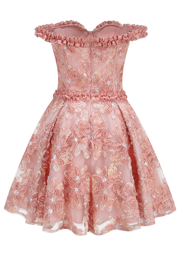 Ruffle Bardot Floral A Line Dress Coral Pink