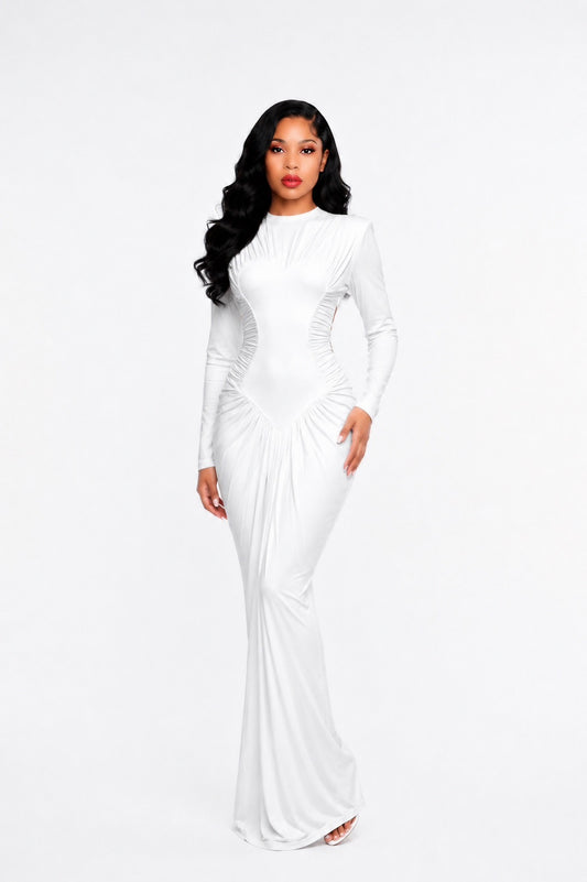 Long Sleeve Draped Structured Maxi Dress White