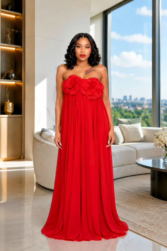 Off Shoulder Flower Pleated Maxi Dress In Red