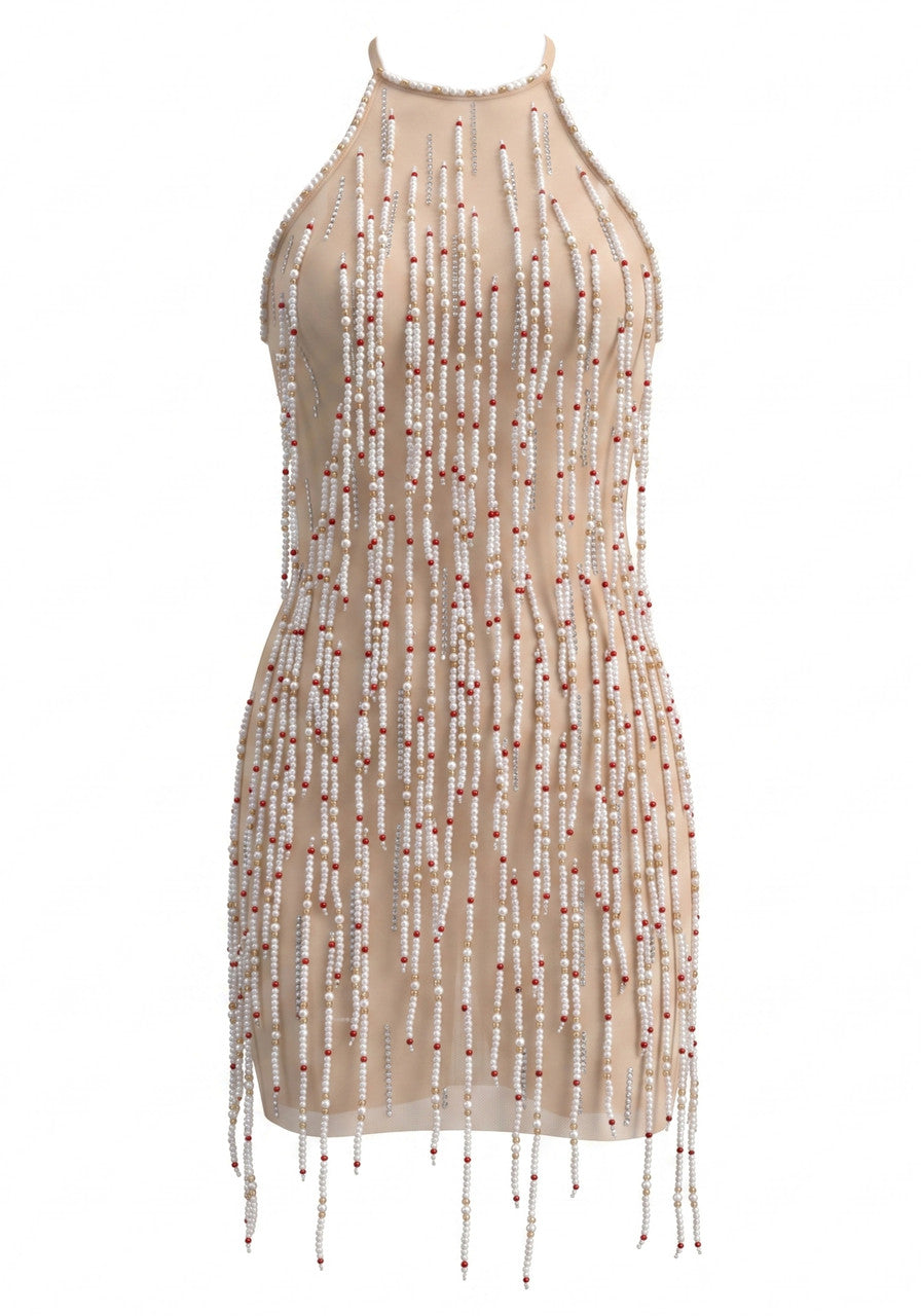 Halter Beaded Tassel Dress Nude