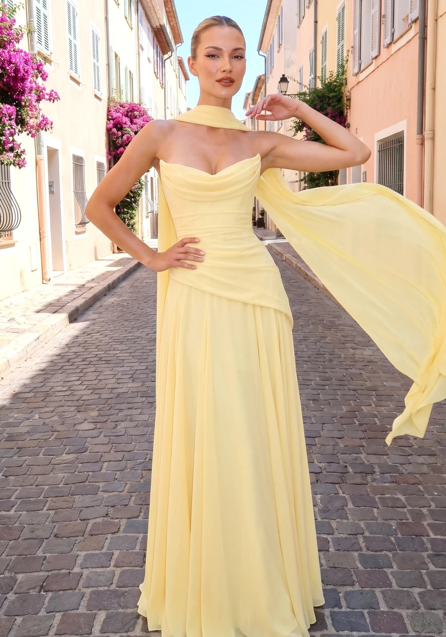 Strapless Draped Corset A Line Maxi Dress Yellow