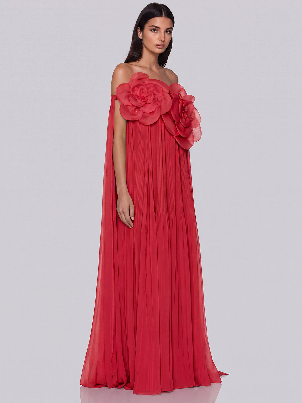 Off Shoulder Flower Pleated Maxi Dress In Red