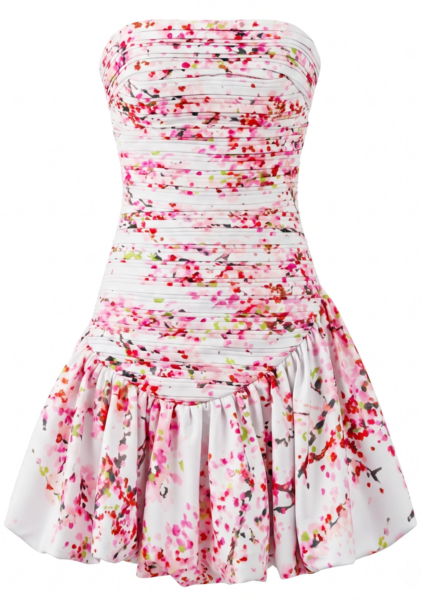 Strapless Floral Ruched Bubble Dress Hot Pink