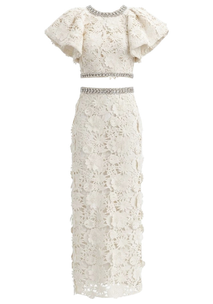 Crystal Floral Crochet Two Piece Maxi Dress Ivory