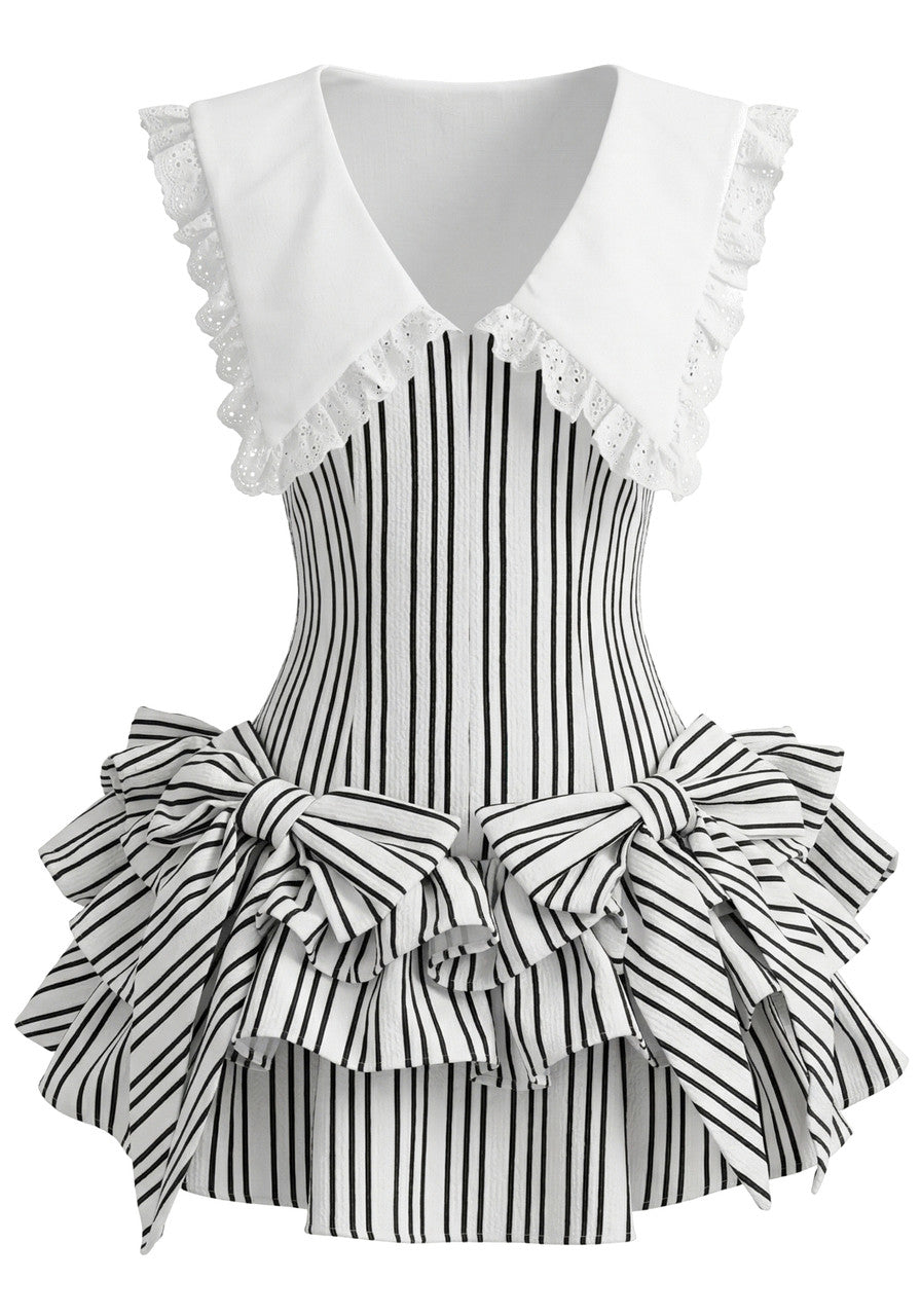 Bow Detail Striped Ruffle Dress Black White