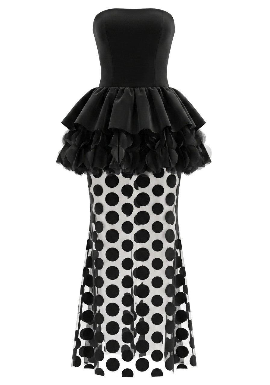 Strapless Floral Peplum Maxi Dress Black
