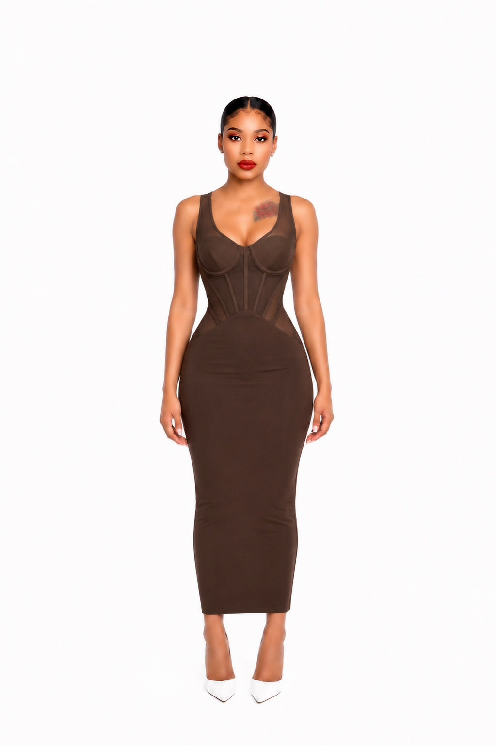 Structured Mesh Insert Maxi Dress Brown