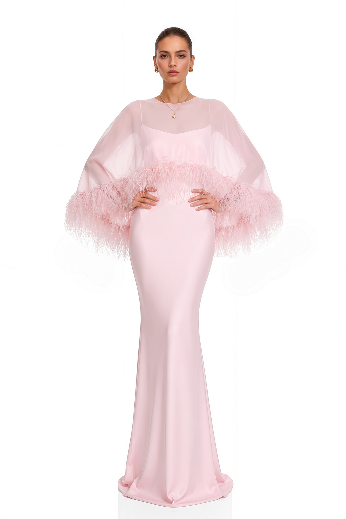 Pink Maxi Dress & Shawl Set with Feather Trim