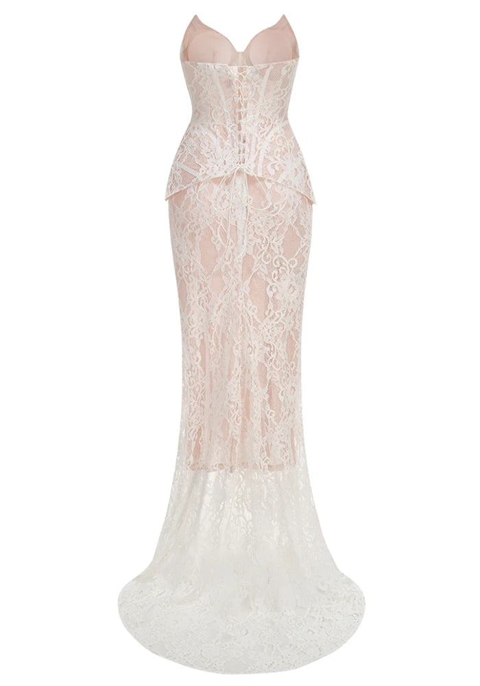Strapless Lace Corset Two Piece Maxi Dress White
