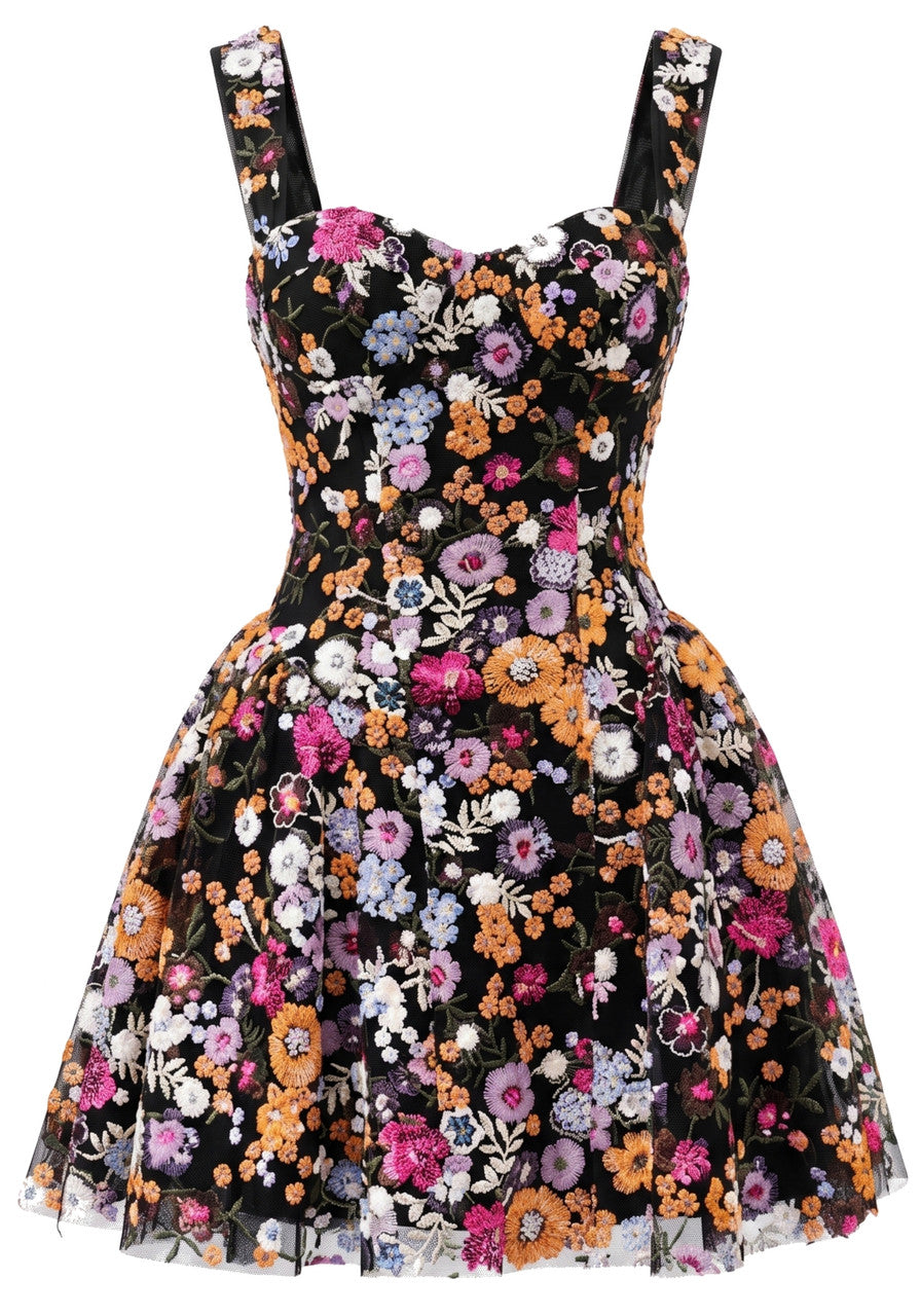 Floral Embroidered A Line Dress Black