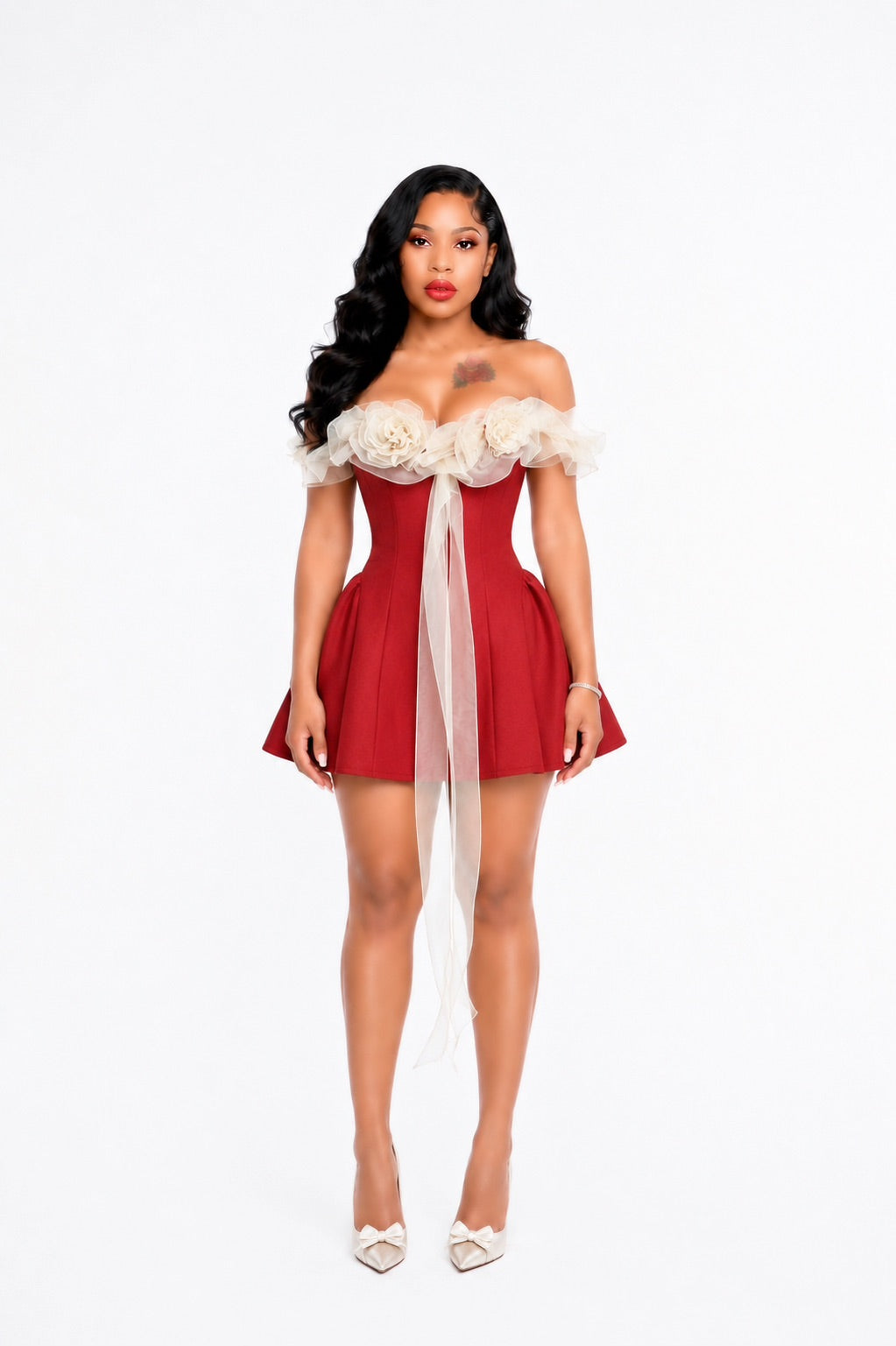 Floral Ruffle Bardot A Line Dress Red Ivory