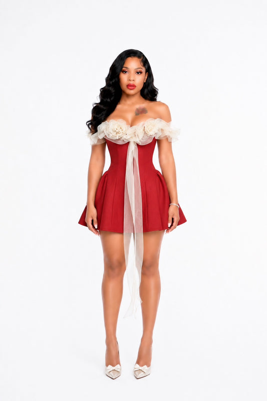 Floral Ruffle Bardot A Line Dress Red Ivory