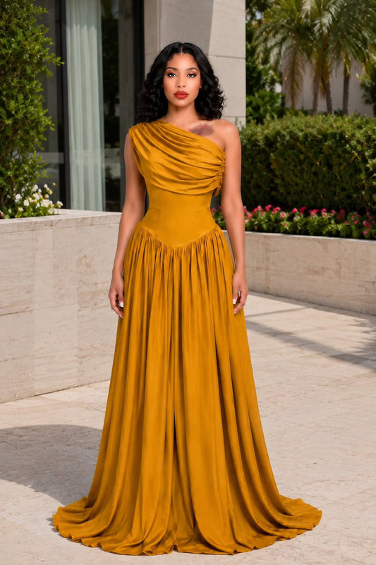 Sleeveless Slanted Collar Party High Waist Pleats Long Dress