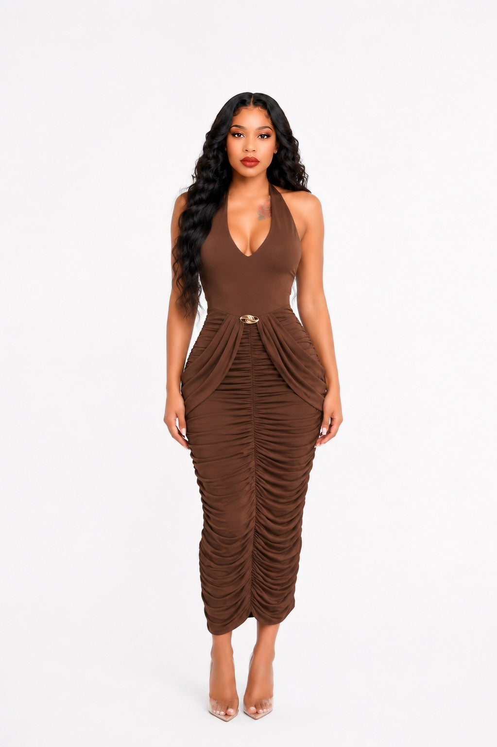 Halter Draped Design Maxi Dress Brown