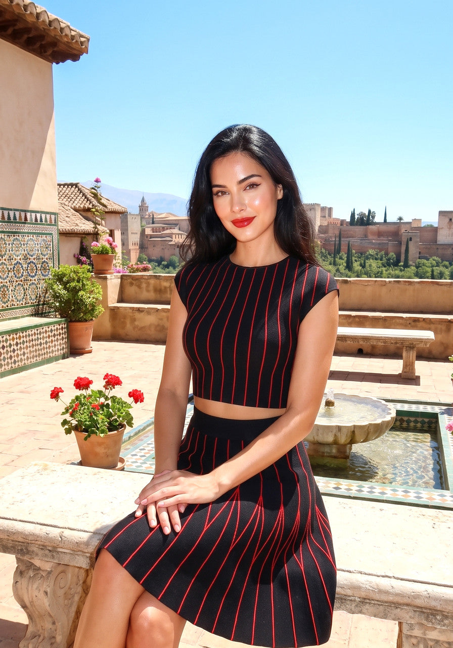 Striped A Line Two Piece Dress Black Red