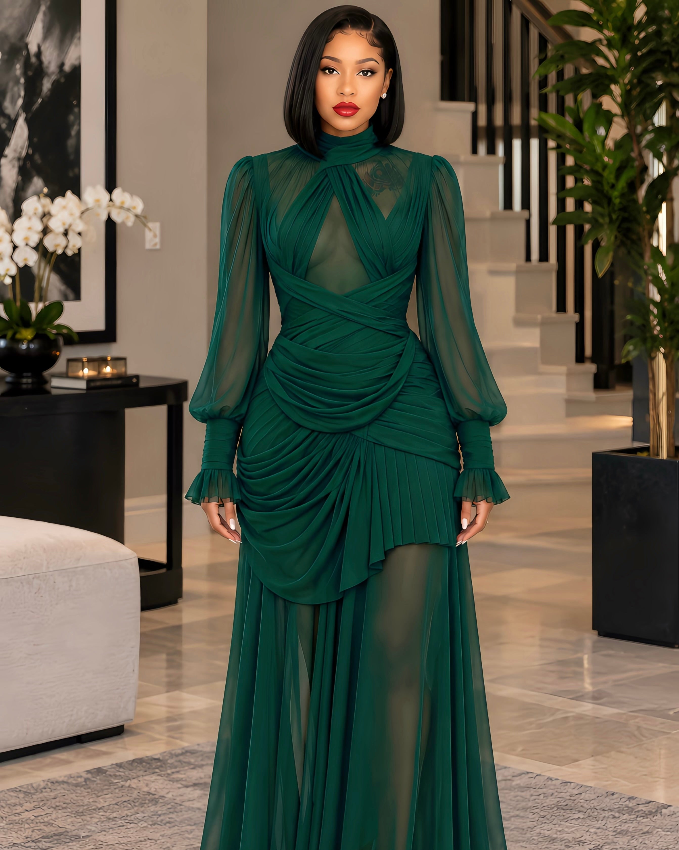 Dark Green Cross Front Ruched Maxi Dress