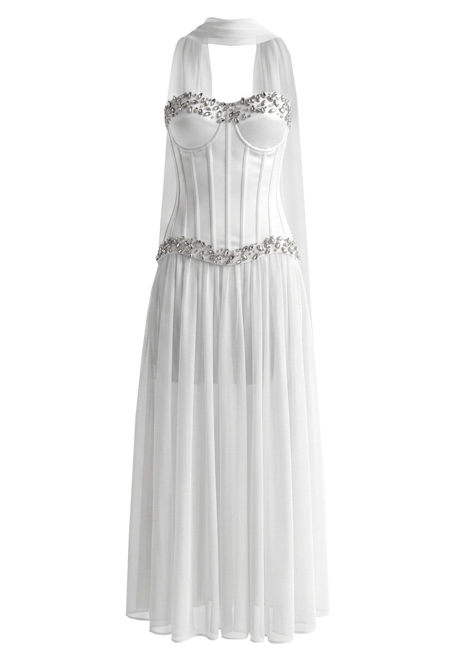 Strapless Crystal Bustier A Line Maxi Dress White