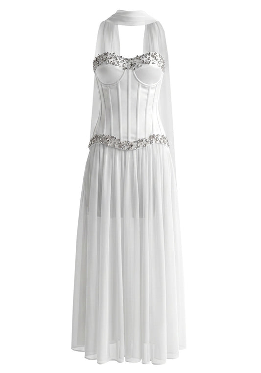 Strapless Crystal Bustier A Line Maxi Dress White