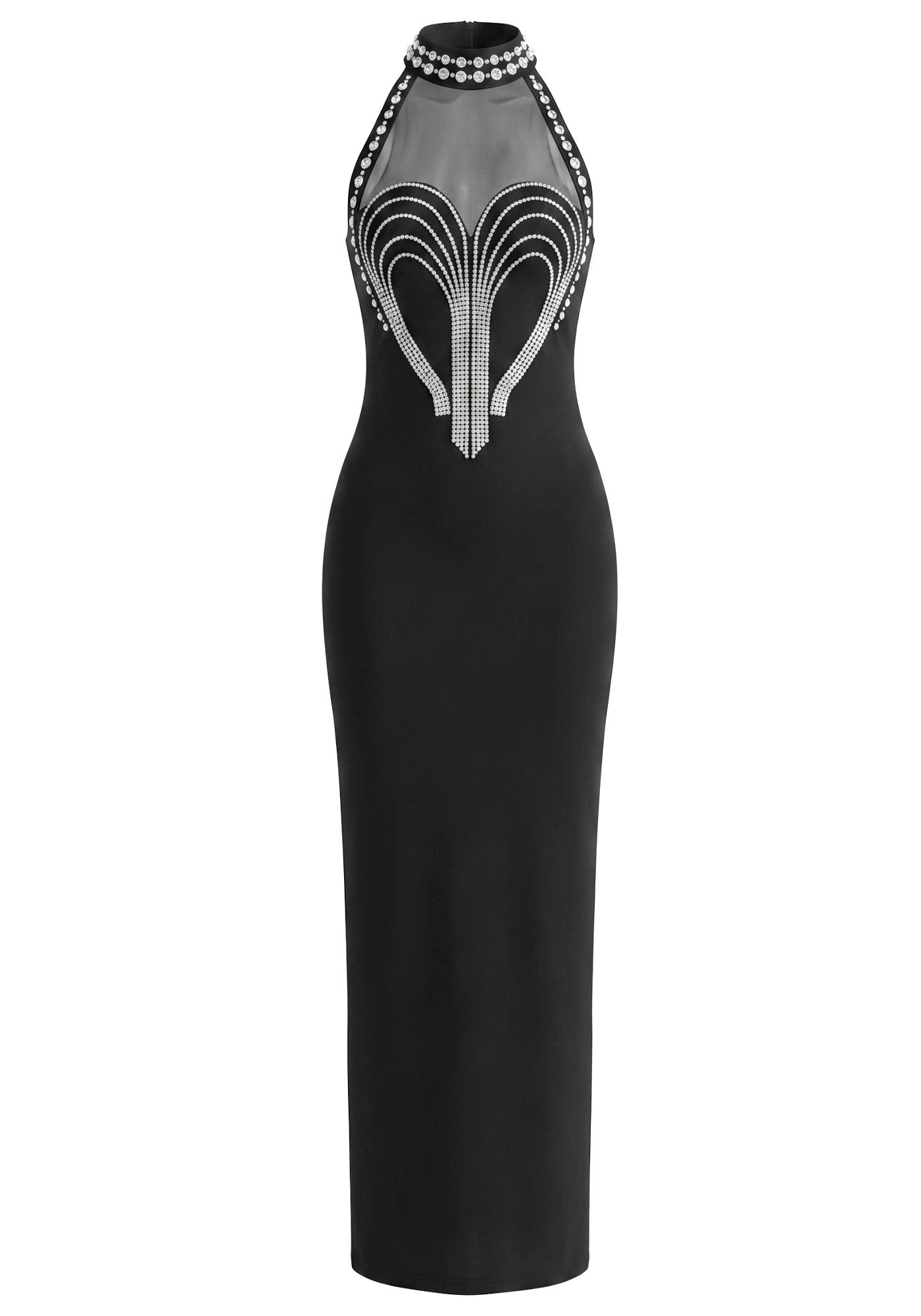 Halter Crystal Embellished Mesh Maxi Dress Black