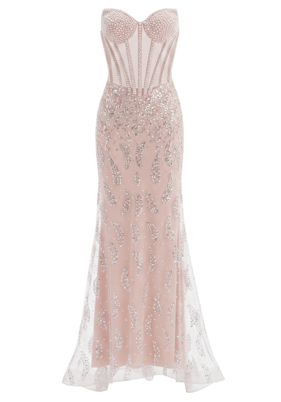 Strapless Sequin Pearl Corset Maxi Dress Nude Pink