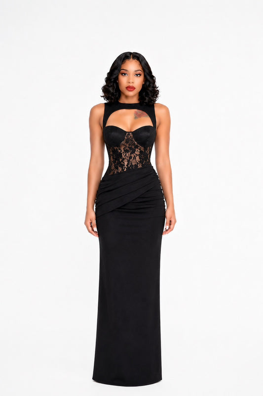Lace Insert Bustier Draped Maxi Dress Black