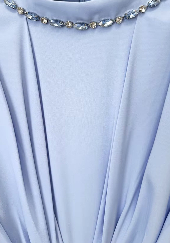 Long Sleeve Crystal Detail A Line Maxi Dress Light Blue