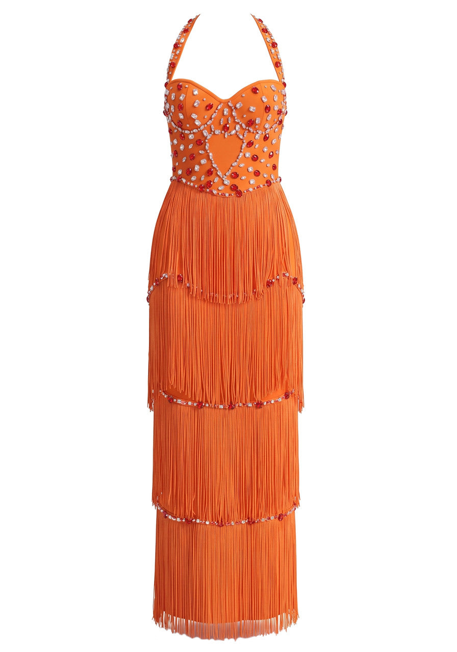 Halter Crystal Tassel Maxi Dress Orange