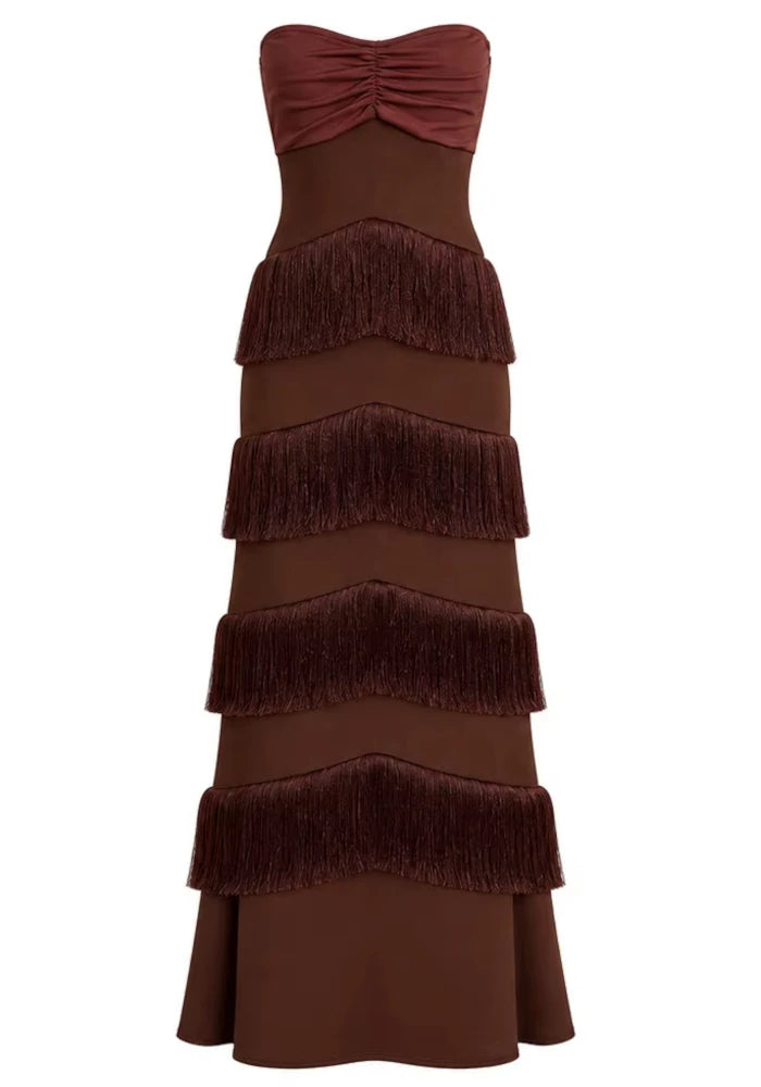Strapless Tassel Detail Maxi Dress Brown