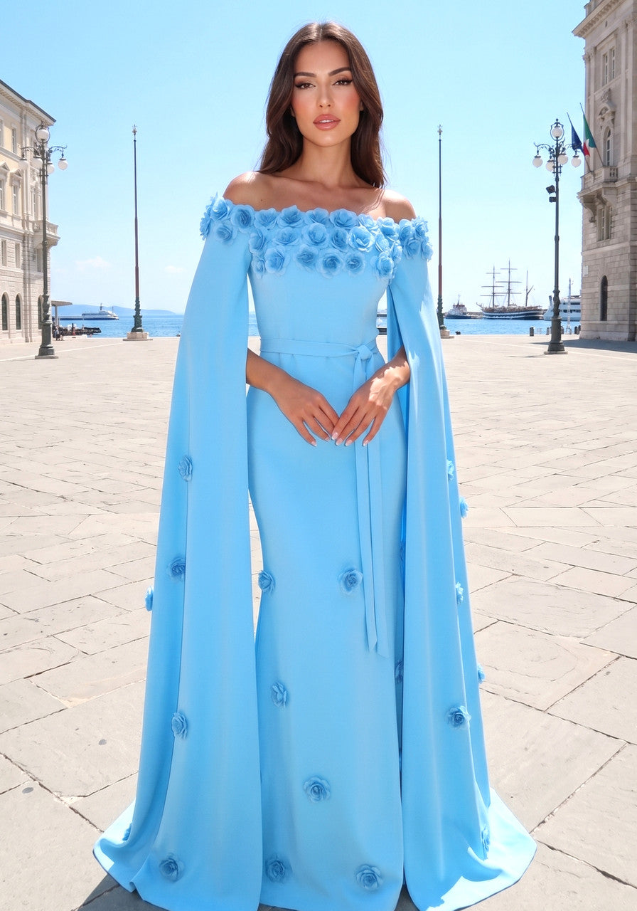 Floral Cape Sleeve Maxi Dress Blue